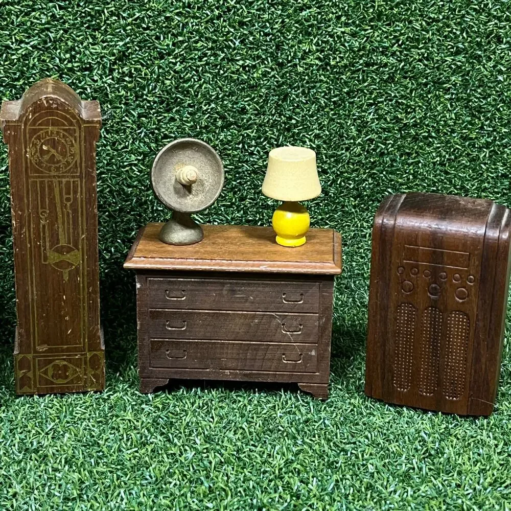 Vintage Wooden Dollhouse Miniature Clock Piano Drawers Dining Set